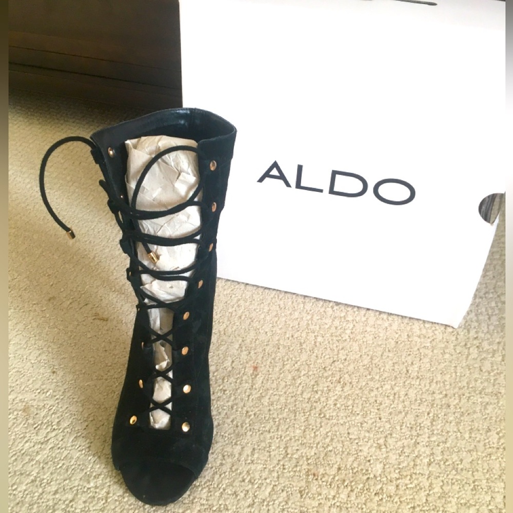 Aldo Porchiano Black Suede Lace-Up Peep Toe Booties_ - Picture 5 of 16